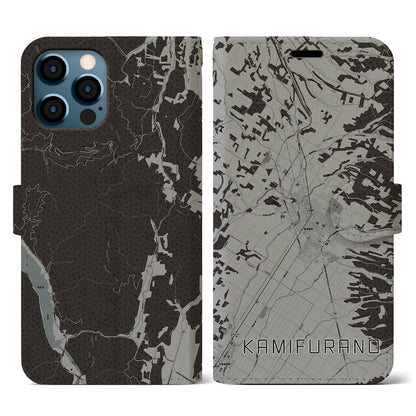 【上富良野（北海道）】地図柄iPhoneケース（手帳タイプ）モノトーン・iPhone 12 / 12 Pro 用