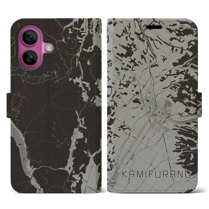 【上富良野（北海道）】地図柄iPhoneケース（手帳タイプ）モノトーン・iPhone 16 Pro 用