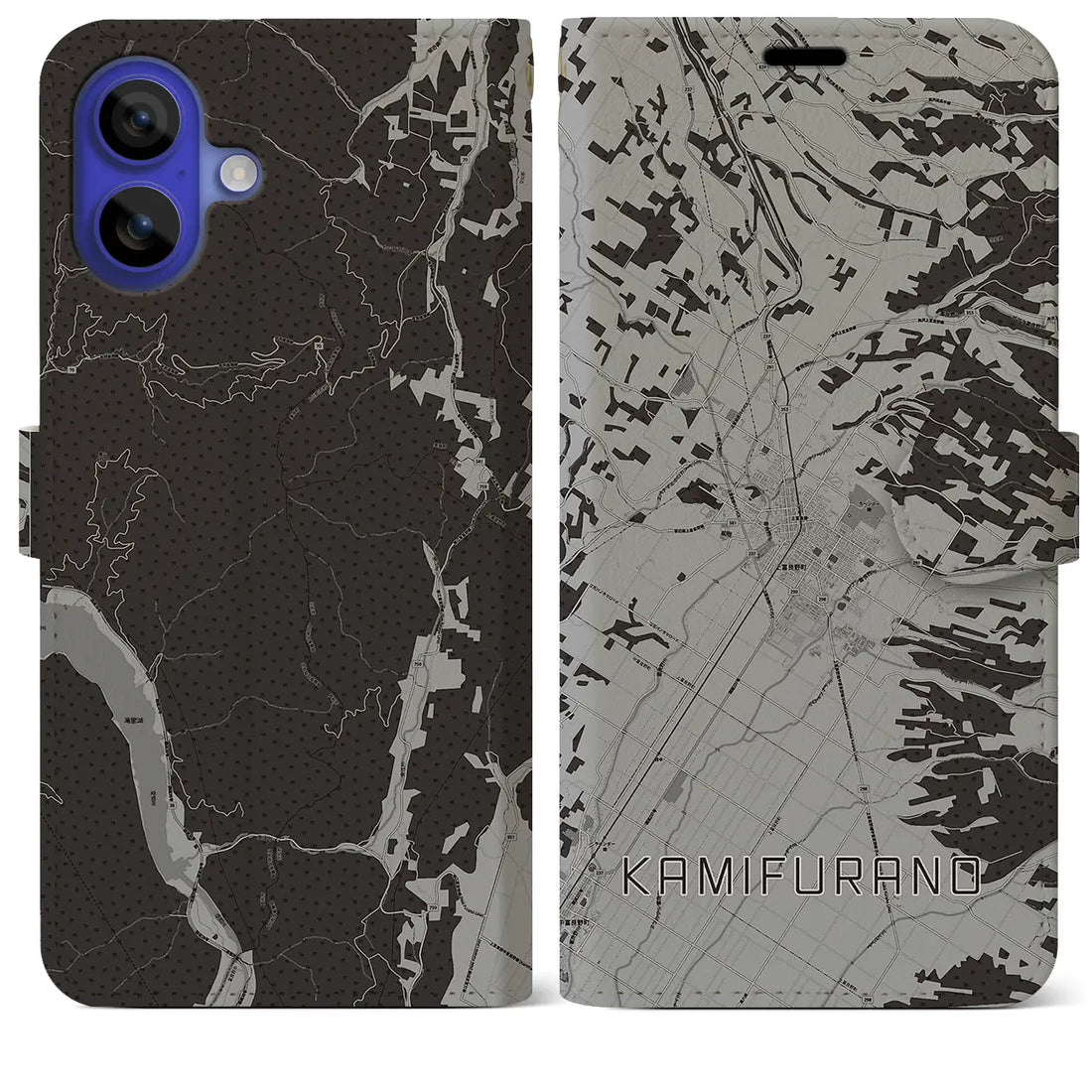 【上富良野(北海道)】地図柄iPhoneケース(手帳タイプ)モノトーン・iPhone 16 Pro Max 用