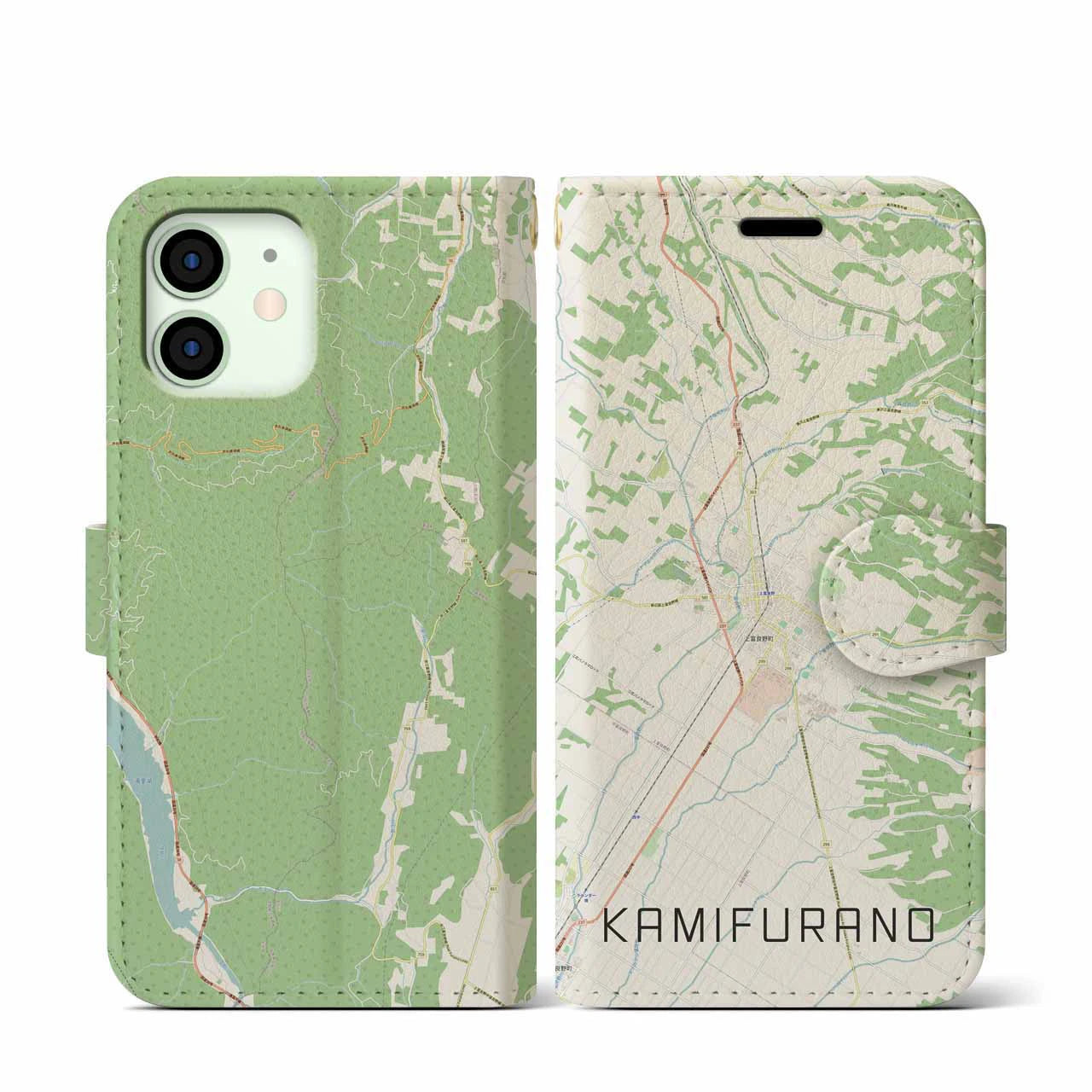 【上富良野（北海道）】地図柄iPhoneケース（手帳タイプ）ナチュラル・iPhone 12 mini 用