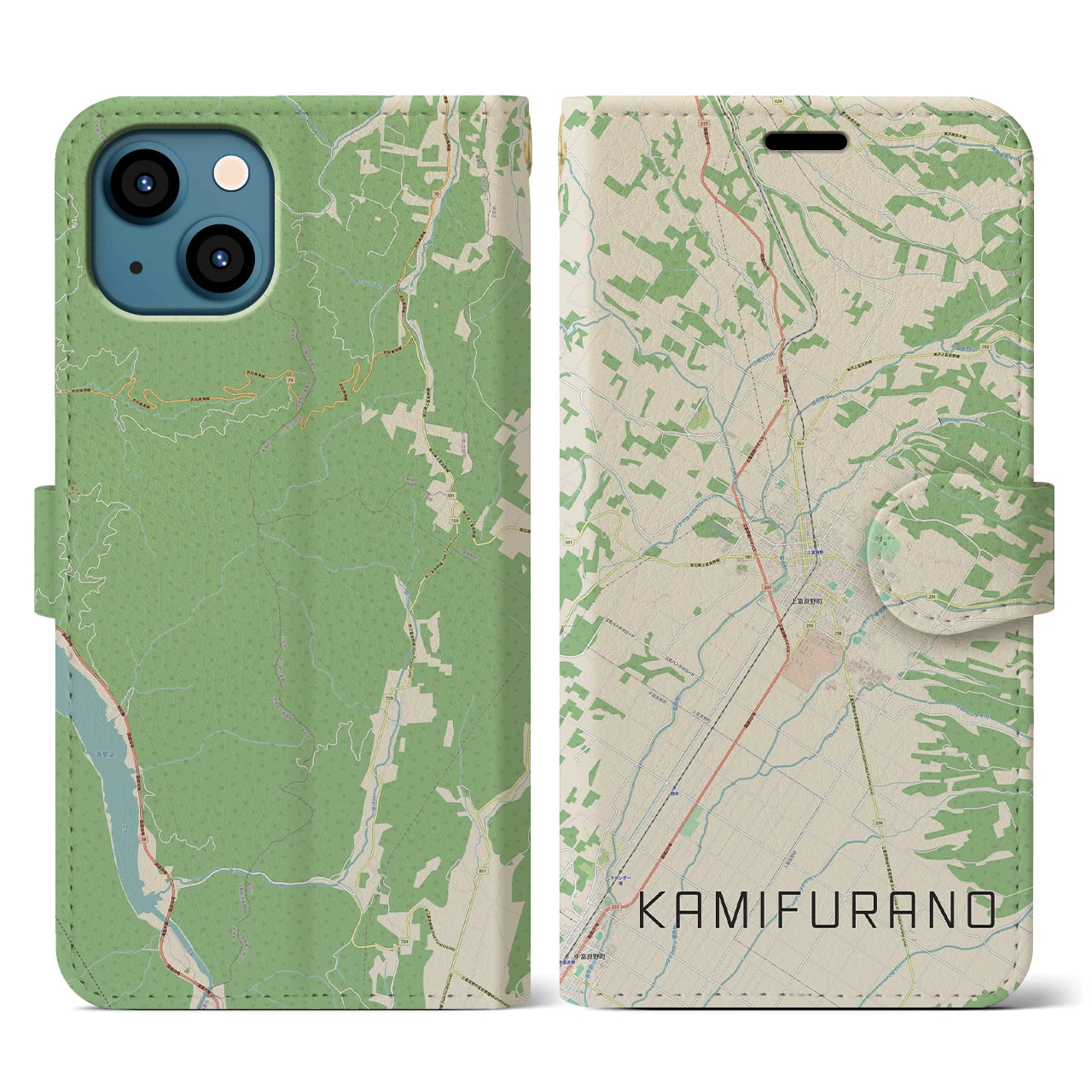 【上富良野（北海道）】地図柄iPhoneケース（手帳タイプ）ナチュラル・iPhone 13 用