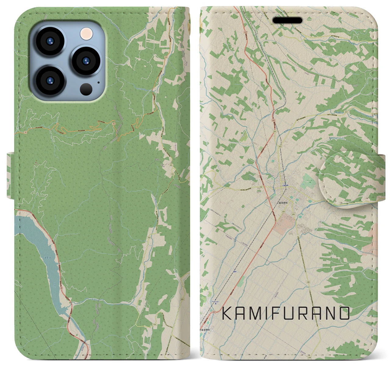 【上富良野（北海道）】地図柄iPhoneケース（手帳タイプ）ナチュラル・iPhone 13 Pro Max 用