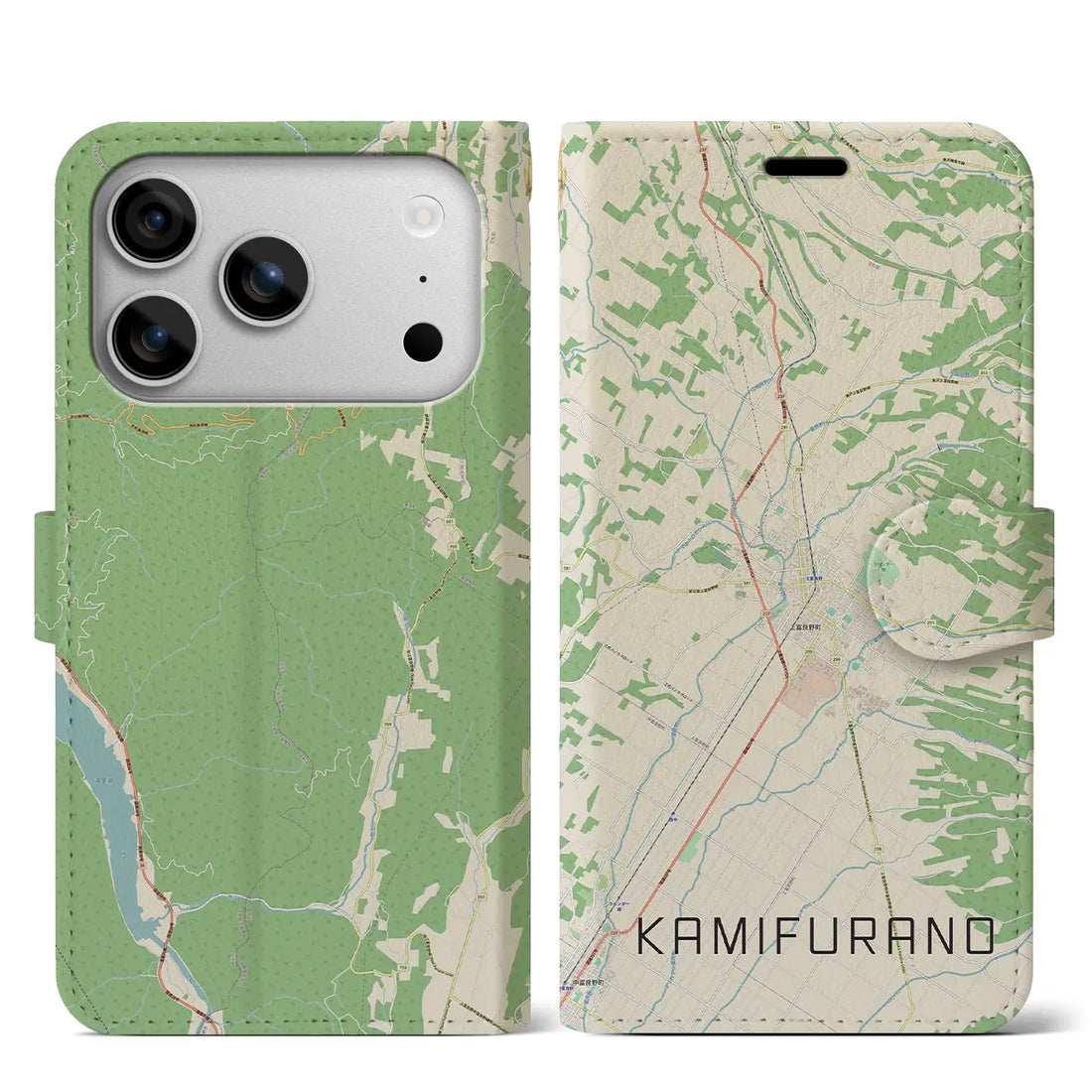 【上富良野（北海道）】地図柄iPhoneケース（手帳タイプ）ナチュラル・iPhone 17 Pro Max 用