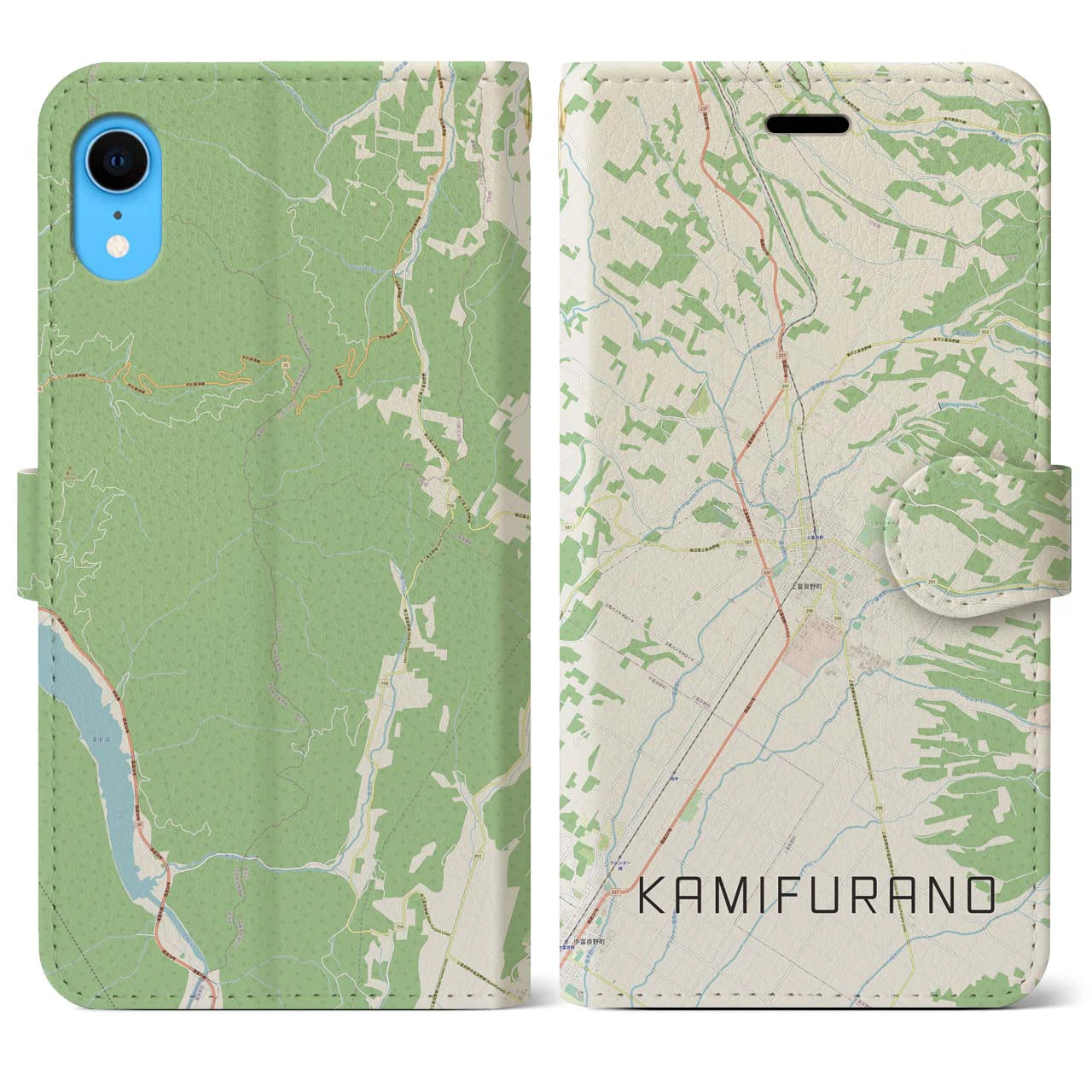 【上富良野（北海道）】地図柄iPhoneケース（手帳タイプ）ナチュラル・iPhone XR 用