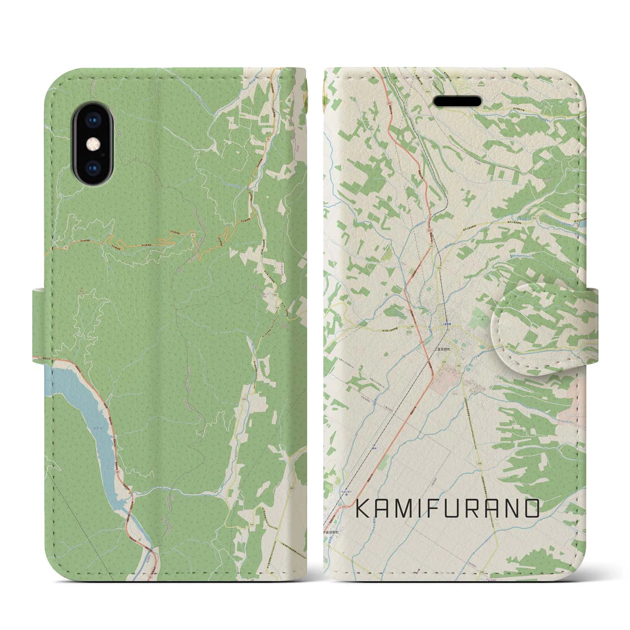 【上富良野（北海道）】地図柄iPhoneケース（手帳タイプ）ナチュラル・iPhone XS / X 用