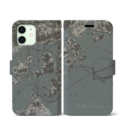 【上島（愛媛県）】地図柄iPhoneケース（手帳タイプ）モノトーン・iPhone 12 mini 用