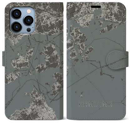 【上島（愛媛県）】地図柄iPhoneケース（手帳タイプ）モノトーン・iPhone 13 Pro Max 用