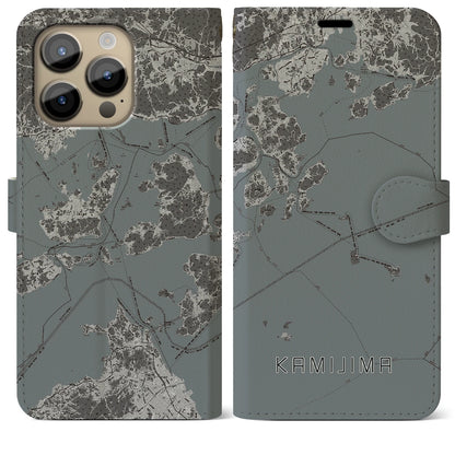 【上島（愛媛県）】地図柄iPhoneケース（手帳タイプ）モノトーン・iPhone 14 Pro Max 用