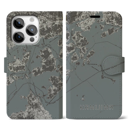 【上島（愛媛県）】地図柄iPhoneケース（手帳タイプ）モノトーン・iPhone 14 Pro 用