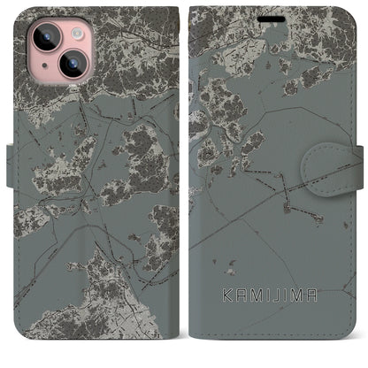 【上島（愛媛県）】地図柄iPhoneケース（手帳タイプ）モノトーン・iPhone 15 Plus 用