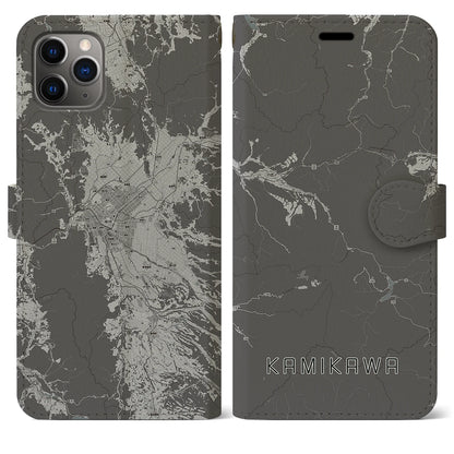 【上川（北海道）】地図柄iPhoneケース（手帳タイプ）モノトーン・iPhone 11 Pro Max 用