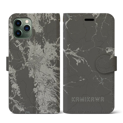 【上川（北海道）】地図柄iPhoneケース（手帳タイプ）モノトーン・iPhone 11 Pro 用