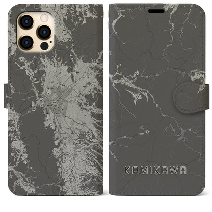 【上川（北海道）】地図柄iPhoneケース（手帳タイプ）モノトーン・iPhone 12 Pro Max 用