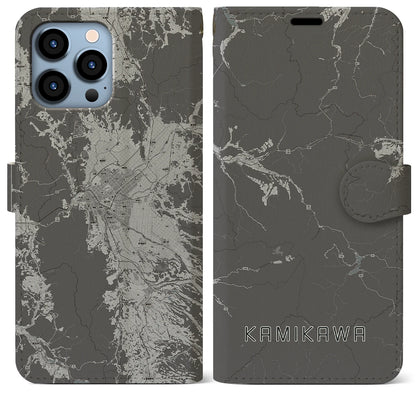 【上川（北海道）】地図柄iPhoneケース（手帳タイプ）モノトーン・iPhone 13 Pro Max 用