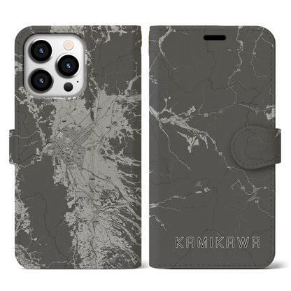 【上川（北海道）】地図柄iPhoneケース（手帳タイプ）モノトーン・iPhone 13 Pro 用