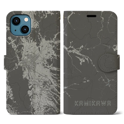 【上川（北海道）】地図柄iPhoneケース（手帳タイプ）モノトーン・iPhone 13 用