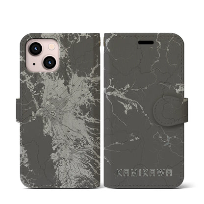 【上川（北海道）】地図柄iPhoneケース（手帳タイプ）モノトーン・iPhone 13 mini 用