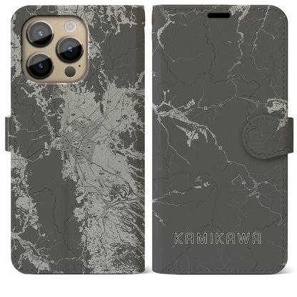 【上川（北海道）】地図柄iPhoneケース（手帳タイプ）モノトーン・iPhone 14 Pro Max 用