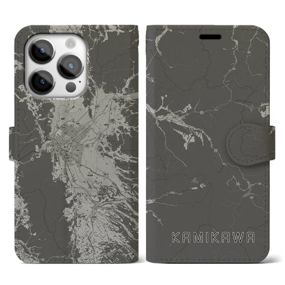 【上川（北海道）】地図柄iPhoneケース（手帳タイプ）モノトーン・iPhone 14 Pro 用