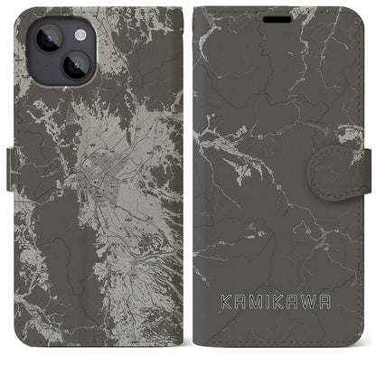 【上川（北海道）】地図柄iPhoneケース（手帳タイプ）モノトーン・iPhone 14 Plus 用