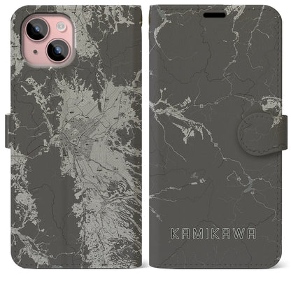 【上川（北海道）】地図柄iPhoneケース（手帳タイプ）モノトーン・iPhone 15 Plus 用