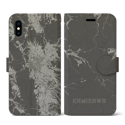 【上川（北海道）】地図柄iPhoneケース（手帳タイプ）モノトーン・iPhone XS / X 用