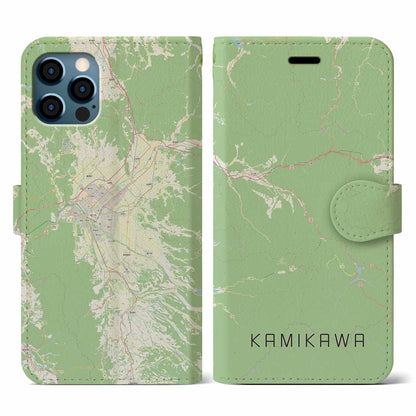 【上川（北海道）】地図柄iPhoneケース（手帳タイプ）ナチュラル・iPhone 12 / 12 Pro 用