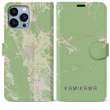 【上川（北海道）】地図柄iPhoneケース（手帳タイプ）ナチュラル・iPhone 13 Pro Max 用