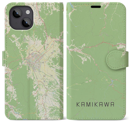 【上川（北海道）】地図柄iPhoneケース（手帳タイプ）ナチュラル・iPhone 14 Plus 用