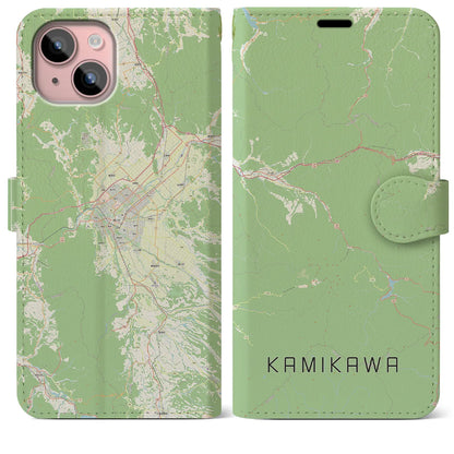 【上川（北海道）】地図柄iPhoneケース（手帳タイプ）ナチュラル・iPhone 15 Plus 用