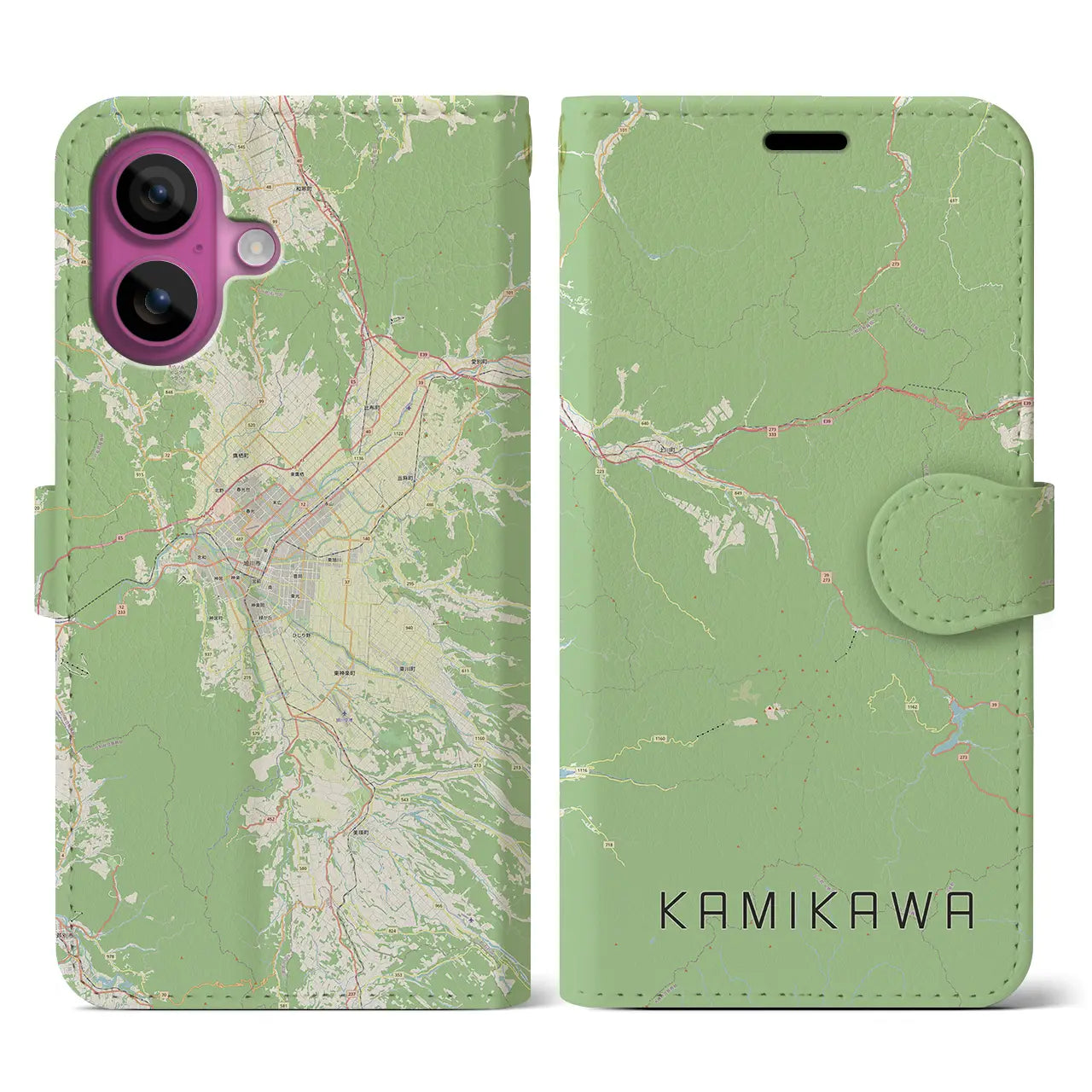 【上川（北海道）】地図柄iPhoneケース（手帳タイプ）ナチュラル・iPhone 16 Pro 用