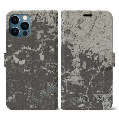 【神川（埼玉県）】地図柄iPhoneケース（手帳タイプ）モノトーン・iPhone 12 / 12 Pro 用