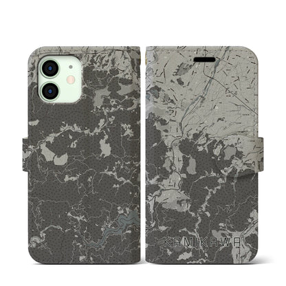 【神川（埼玉県）】地図柄iPhoneケース（手帳タイプ）モノトーン・iPhone 12 mini 用