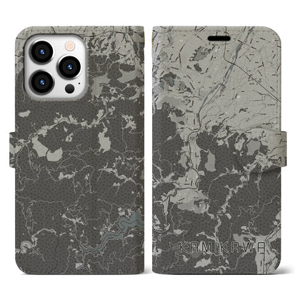 【神川（埼玉県）】地図柄iPhoneケース（手帳タイプ）モノトーン・iPhone 13 Pro 用
