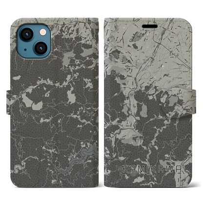 【神川（埼玉県）】地図柄iPhoneケース（手帳タイプ）モノトーン・iPhone 13 用