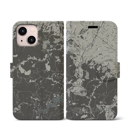 【神川（埼玉県）】地図柄iPhoneケース（手帳タイプ）モノトーン・iPhone 13 mini 用