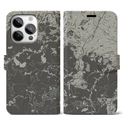 【神川（埼玉県）】地図柄iPhoneケース（手帳タイプ）モノトーン・iPhone 14 Pro 用