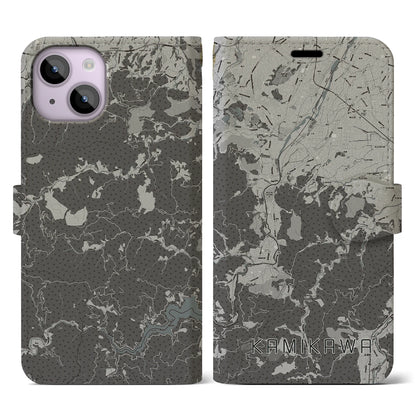 【神川（埼玉県）】地図柄iPhoneケース（手帳タイプ）モノトーン・iPhone 14 用