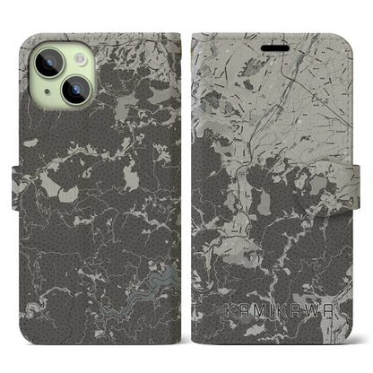 【神川（埼玉県）】地図柄iPhoneケース（手帳タイプ）モノトーン・iPhone 15 用