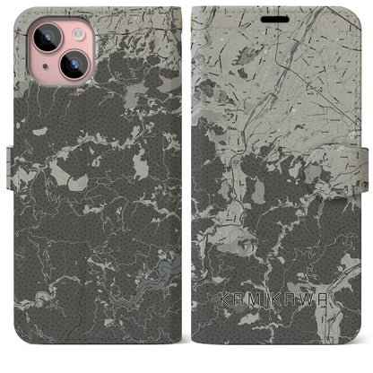 【神川（埼玉県）】地図柄iPhoneケース（手帳タイプ）モノトーン・iPhone 15 Plus 用