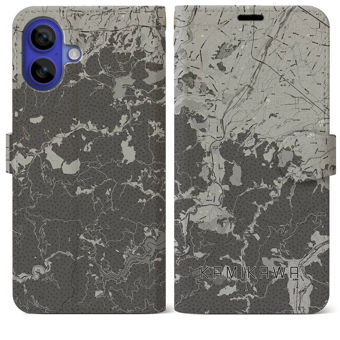 【神川(埼玉県)】地図柄iPhoneケース(手帳タイプ)モノトーン・iPhone 16 Pro Max 用