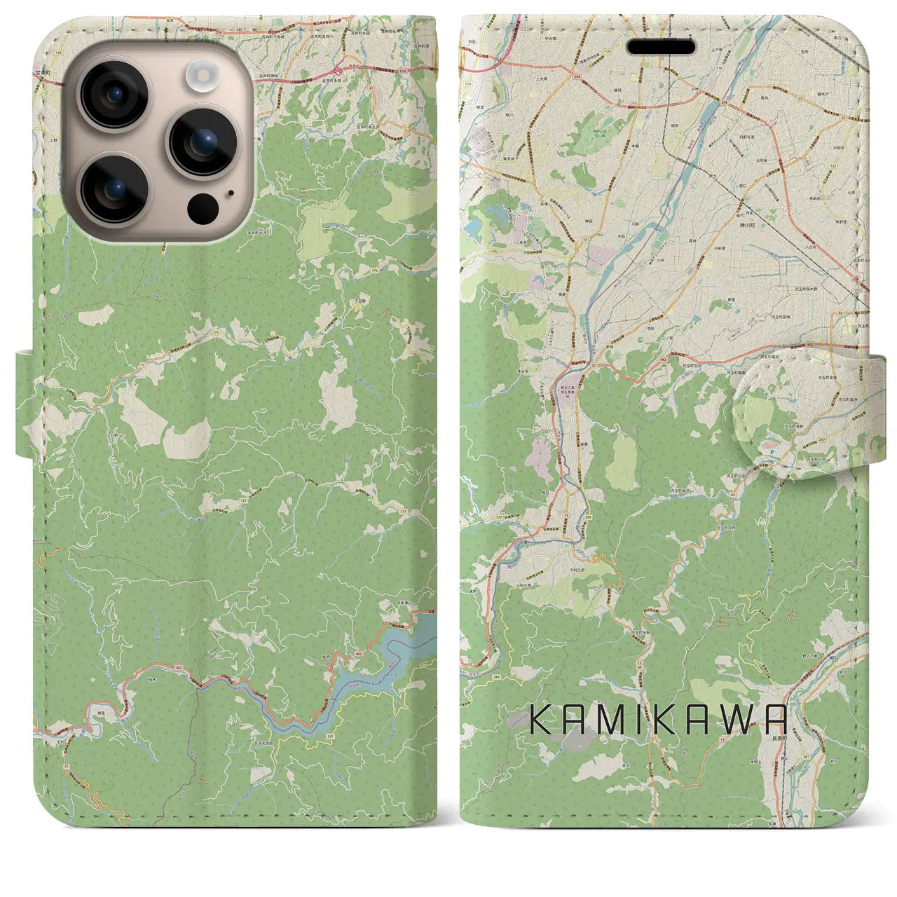 【神川（埼玉県）】地図柄iPhoneケース（手帳タイプ）ナチュラル・iPhone 16 Plus 用