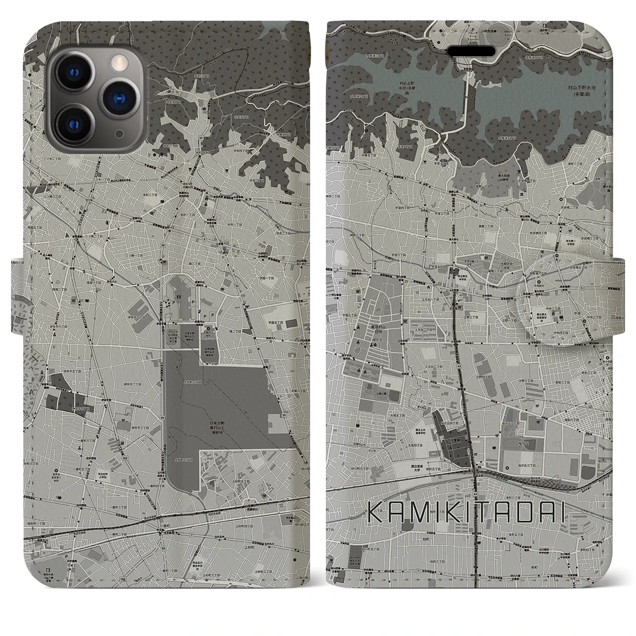 【上北台】地図柄iPhoneケース（手帳両面タイプ・モノトーン）iPhone 11 Pro Max 用
