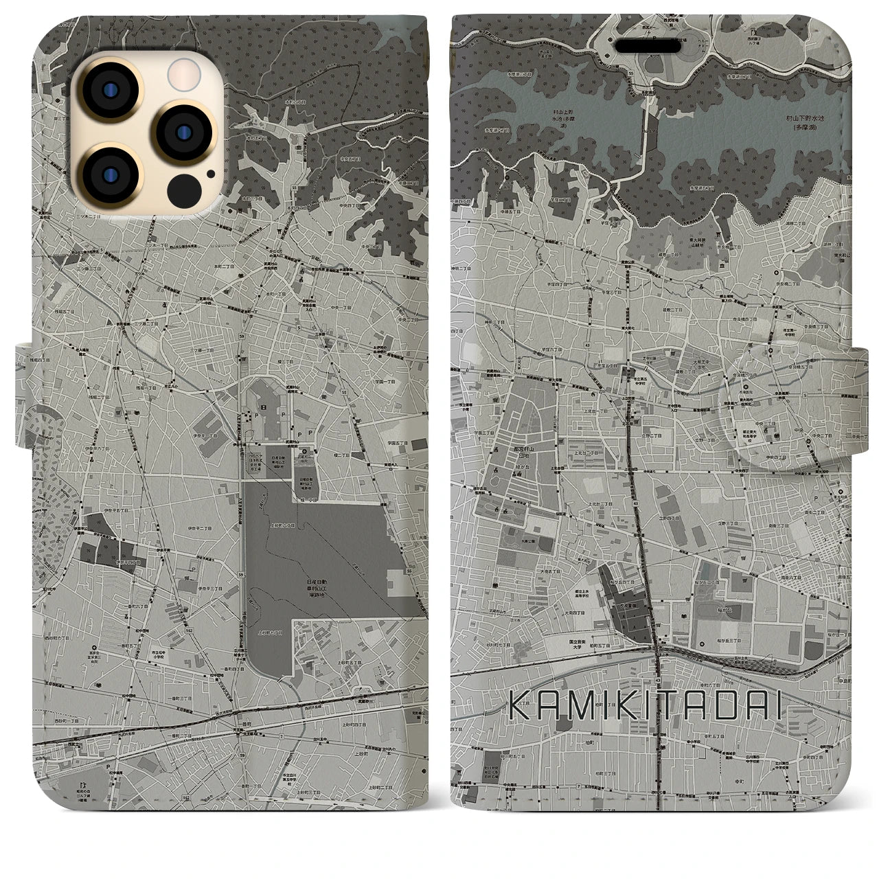 【上北台】地図柄iPhoneケース（手帳両面タイプ・モノトーン）iPhone 12 Pro Max 用