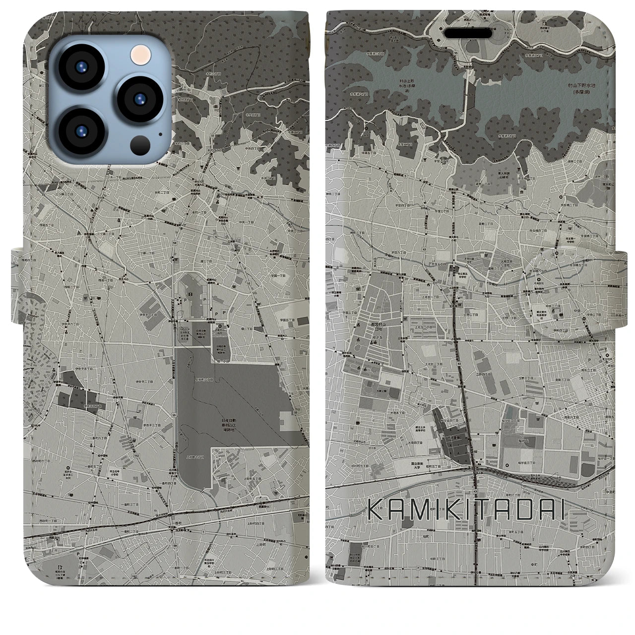 【上北台】地図柄iPhoneケース（手帳両面タイプ・モノトーン）iPhone 13 Pro Max 用