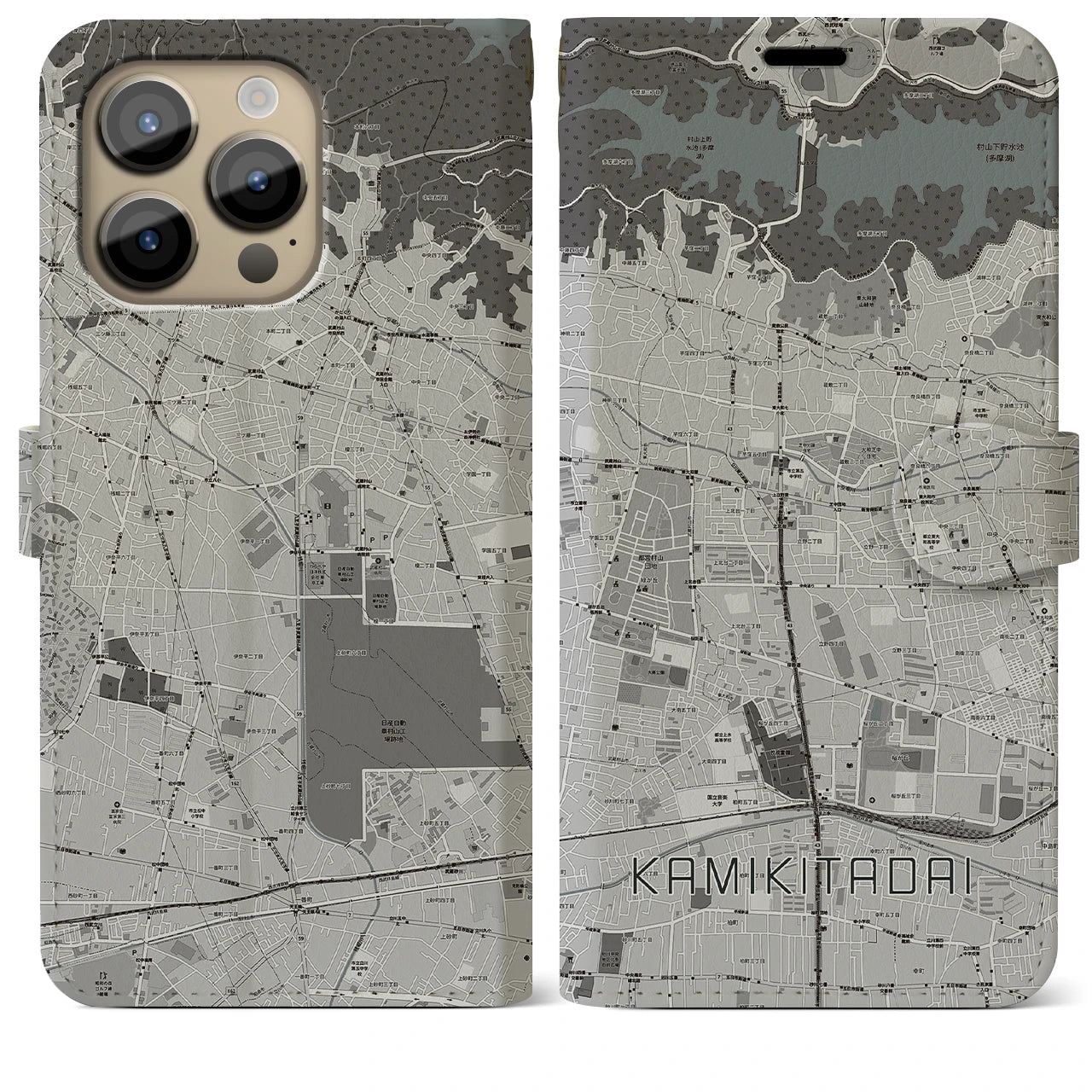 【上北台】地図柄iPhoneケース（手帳両面タイプ・モノトーン）iPhone 14 Pro Max 用