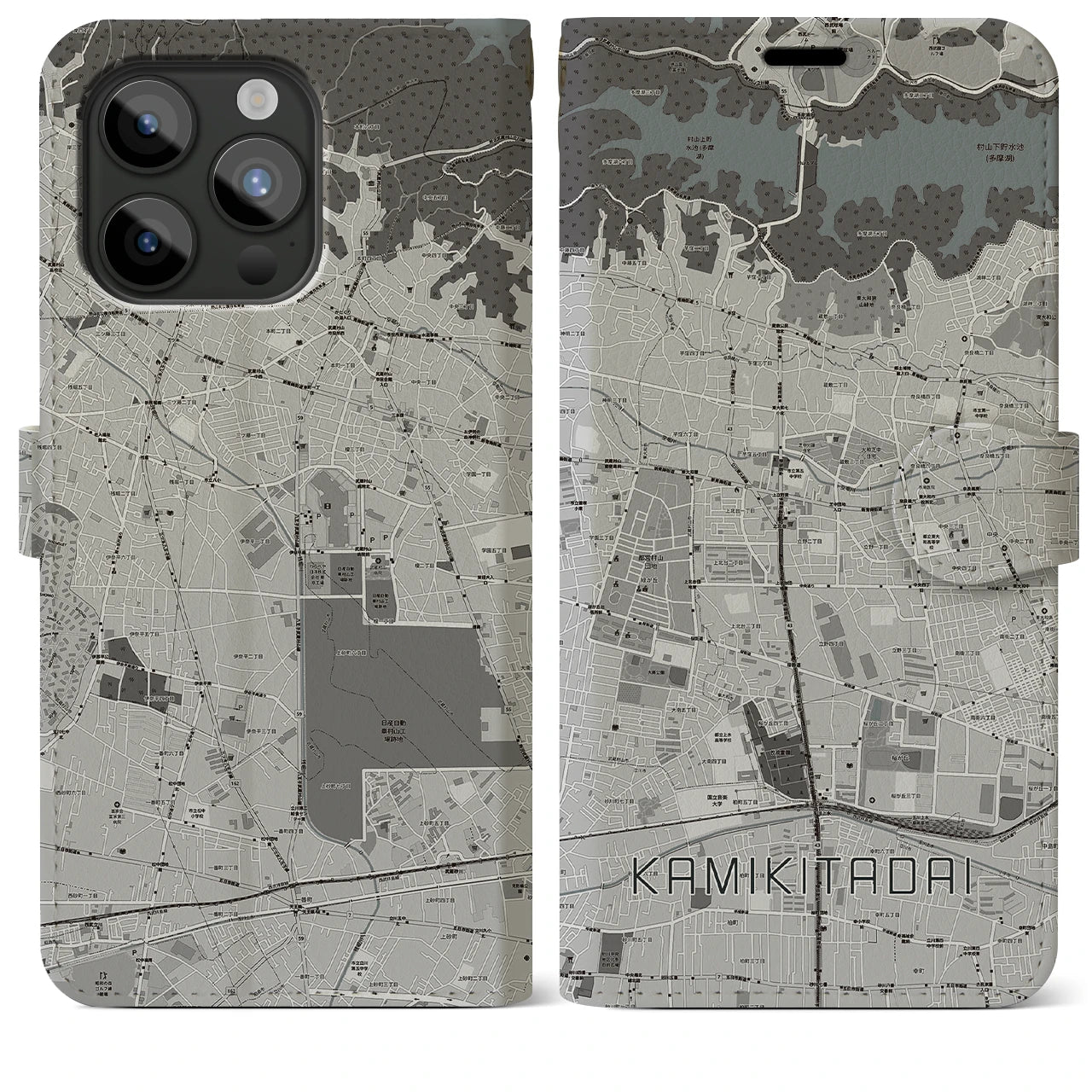 【上北台】地図柄iPhoneケース（手帳両面タイプ・モノトーン）iPhone 15 Pro Max 用