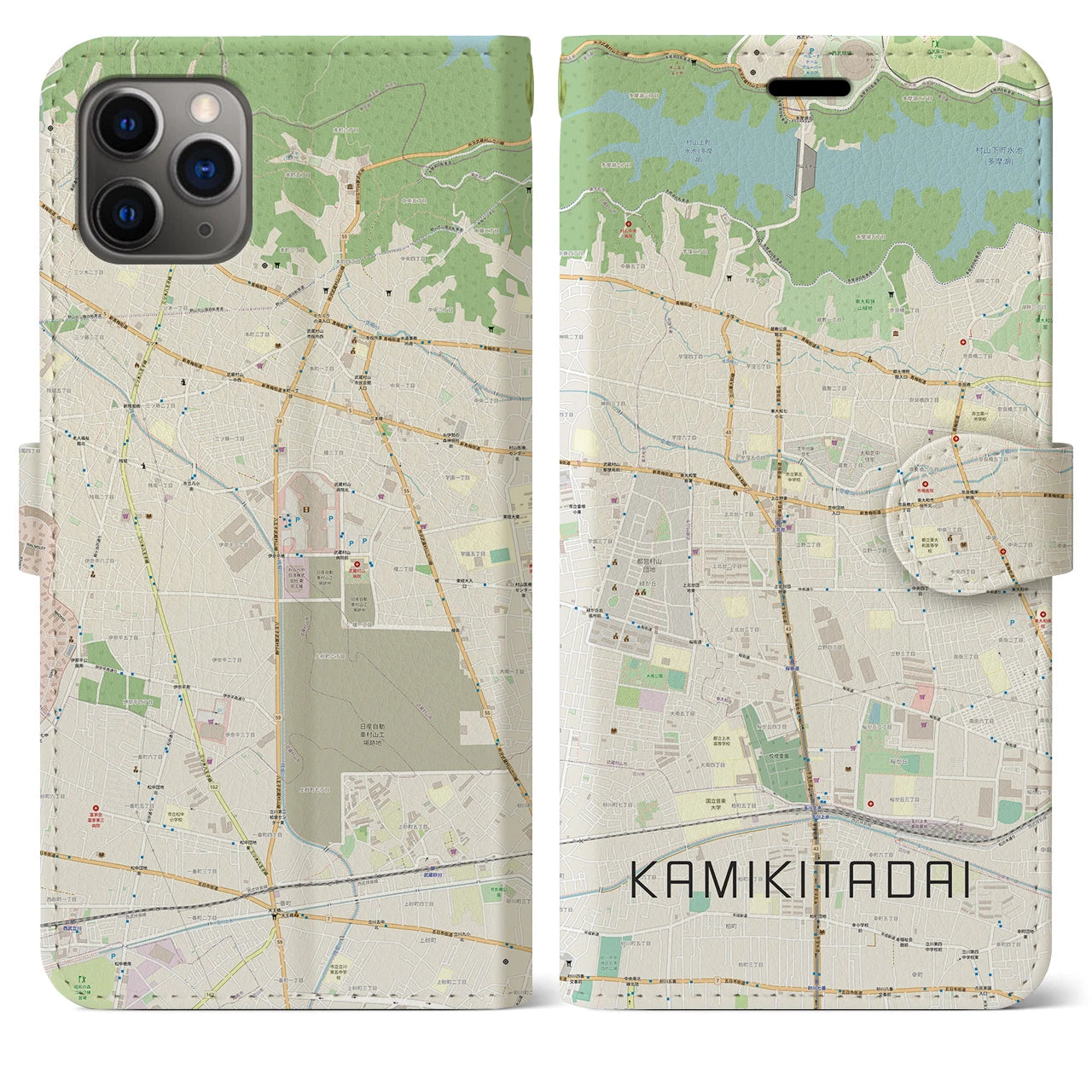 【上北台（東京都）】地図柄iPhoneケース（手帳タイプ）ナチュラル・iPhone 11 Pro Max 用