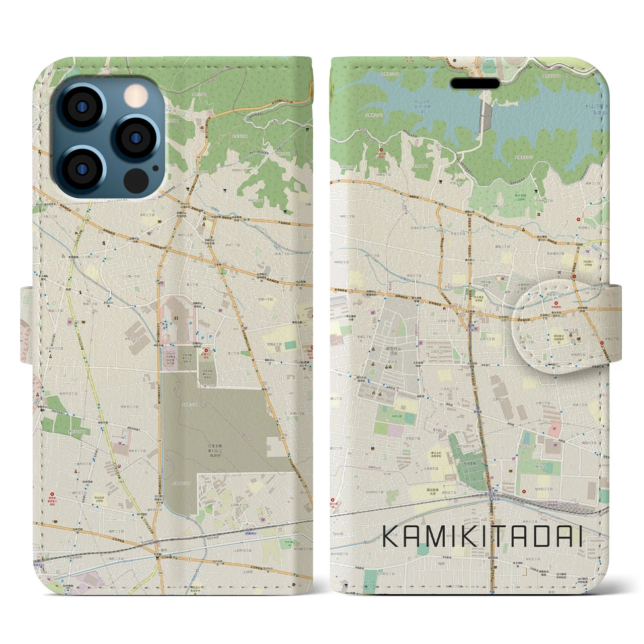 【上北台（東京都）】地図柄iPhoneケース（手帳タイプ）ナチュラル・iPhone 12 / 12 Pro 用