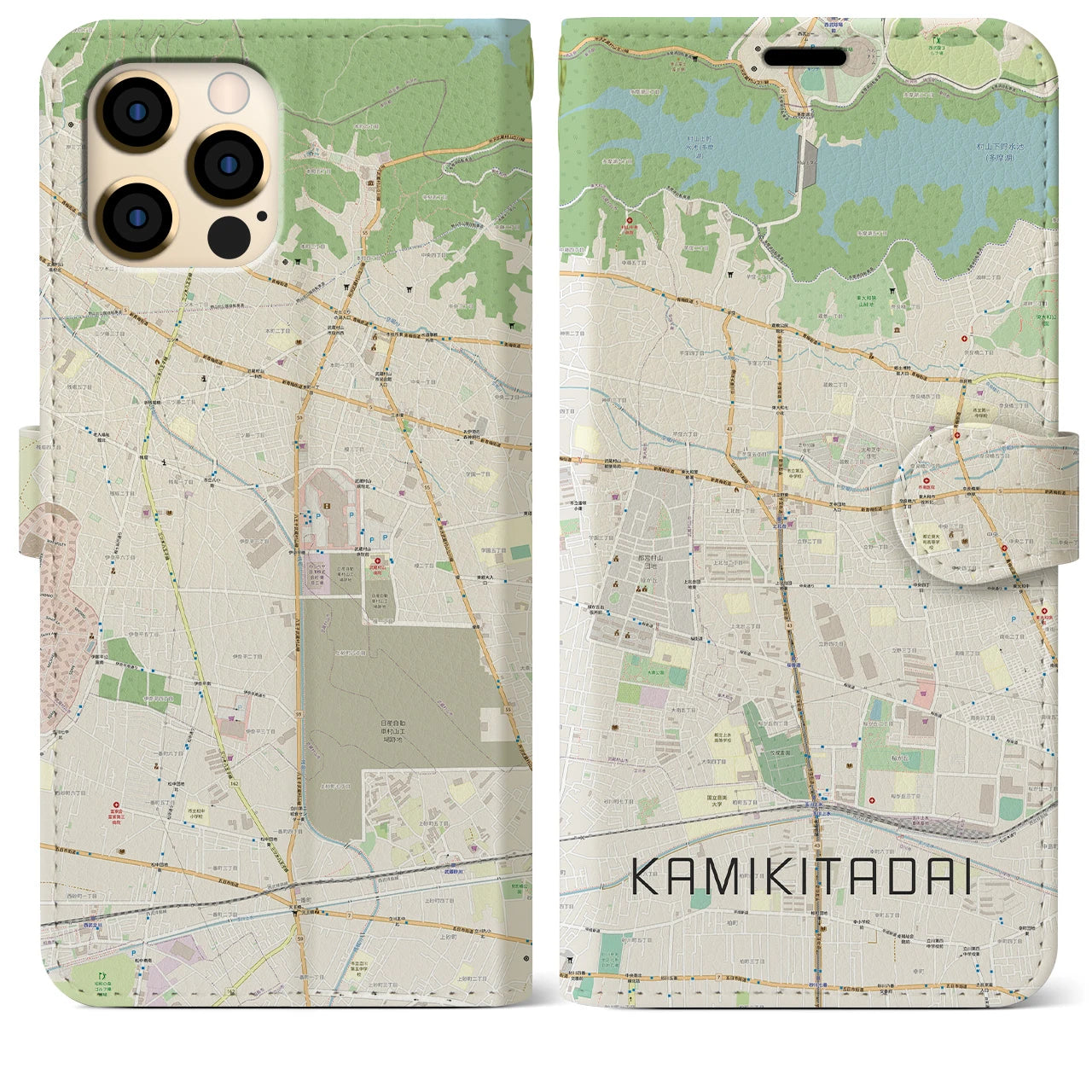 【上北台（東京都）】地図柄iPhoneケース（手帳タイプ）ナチュラル・iPhone 12 Pro Max 用